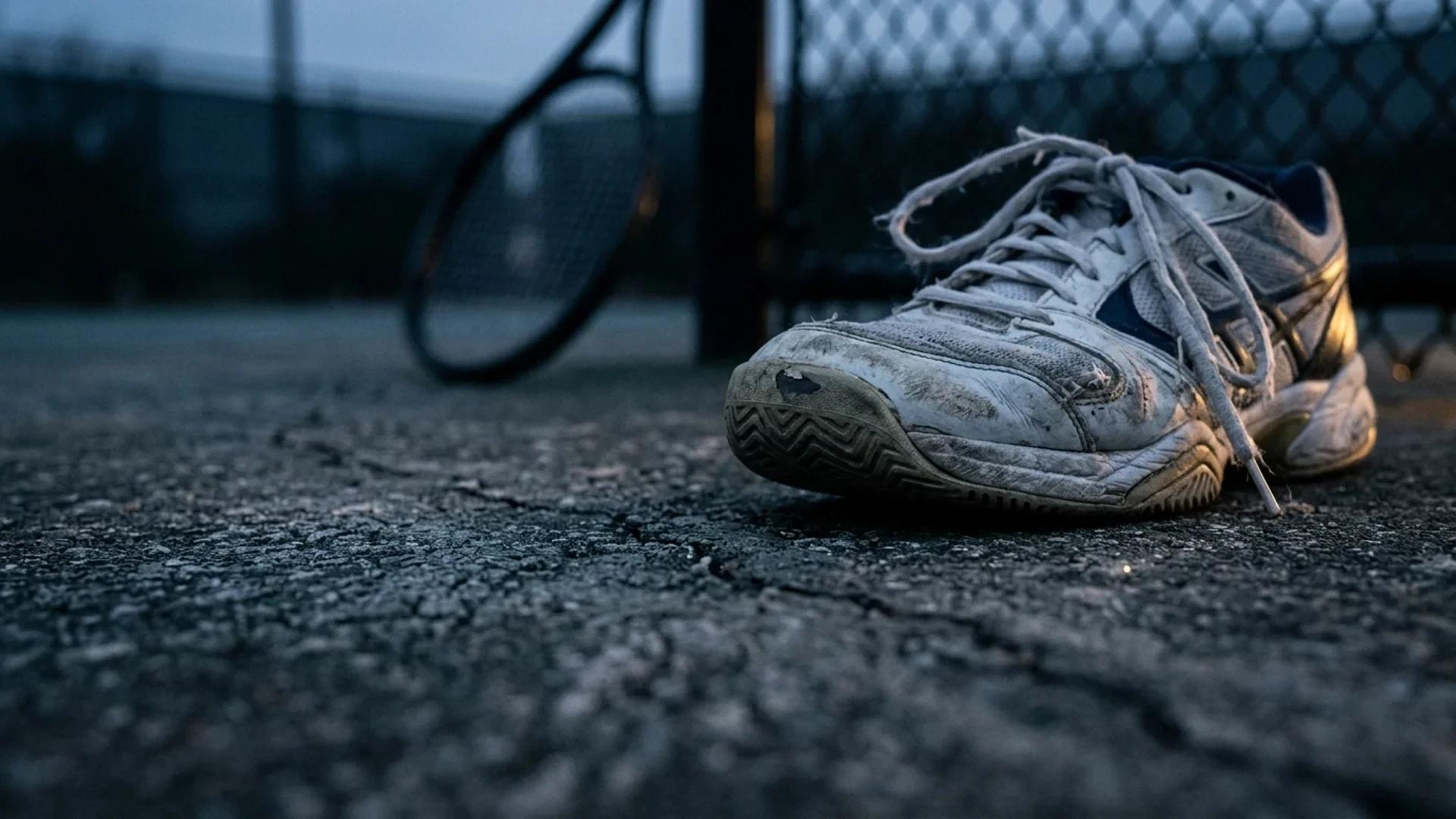 A close-up view of a worn tennis shoe on a hard court, symbolizing a player's struggles.