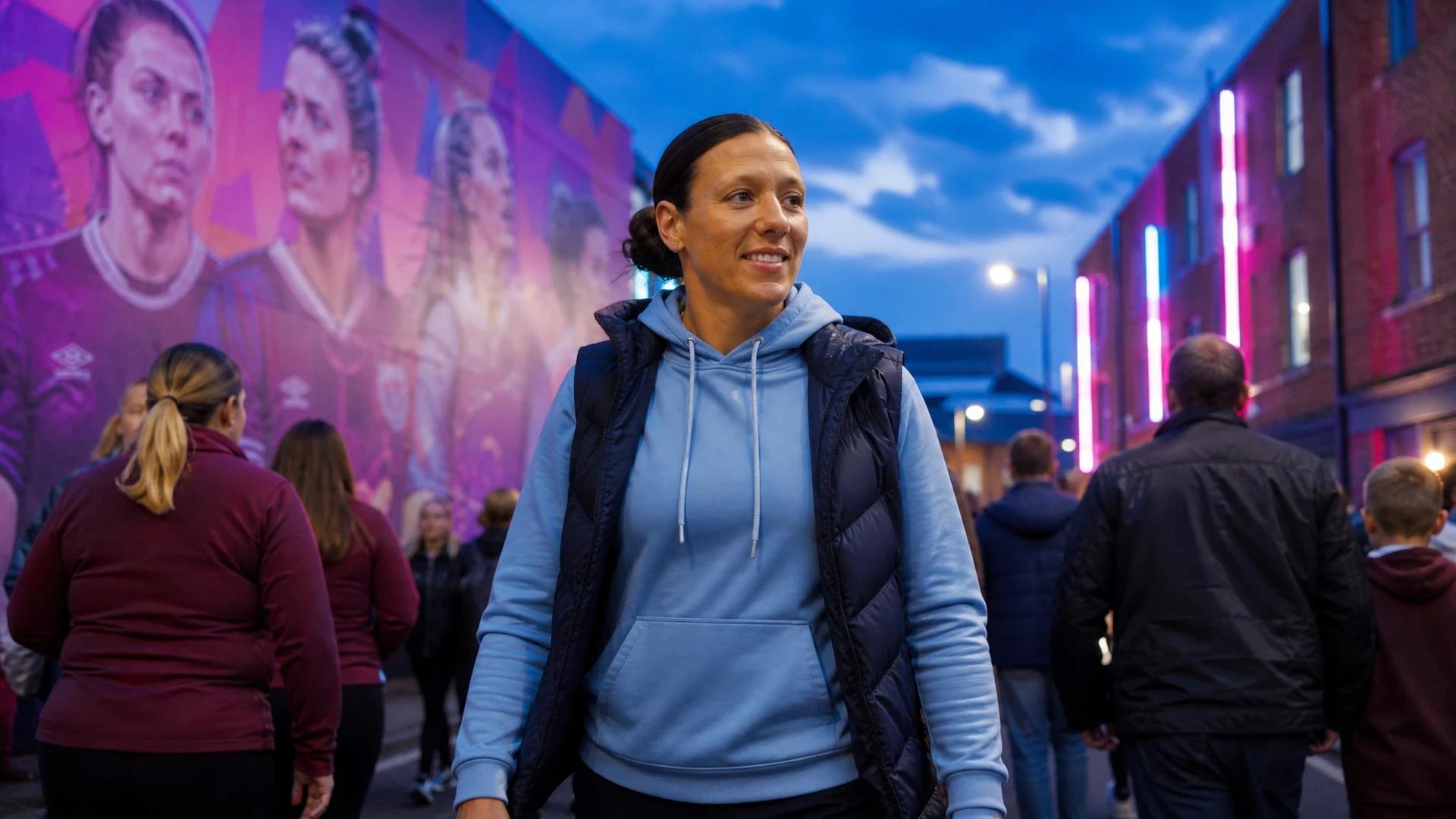 Rachel Williams walking towards Turf Moor amidst a crowd, illuminated by neon lights.