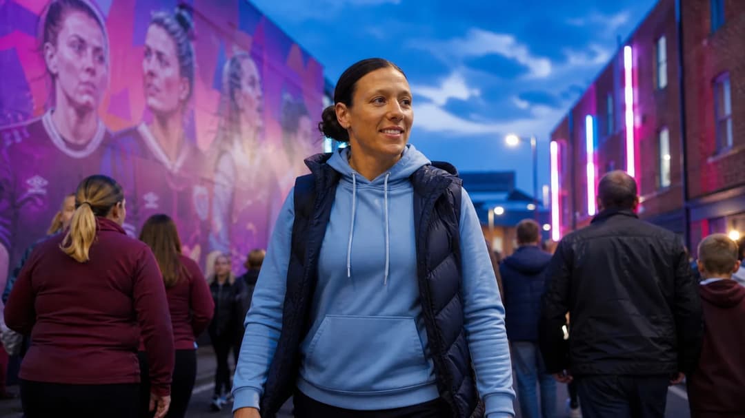 Rachel Williams walking towards Turf Moor amidst a crowd, illuminated by neon lights.