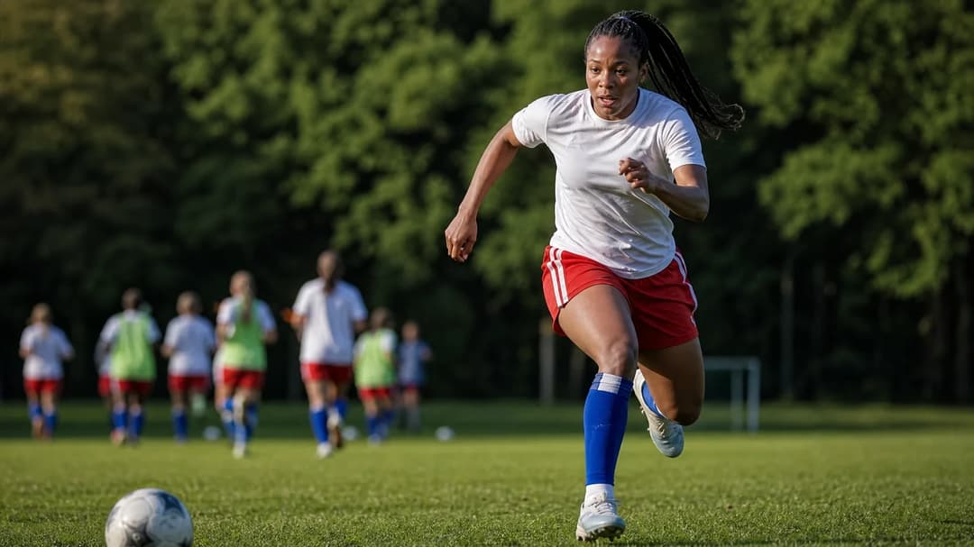 A young female football player in training at a camp, showcasing determination and athleticism.