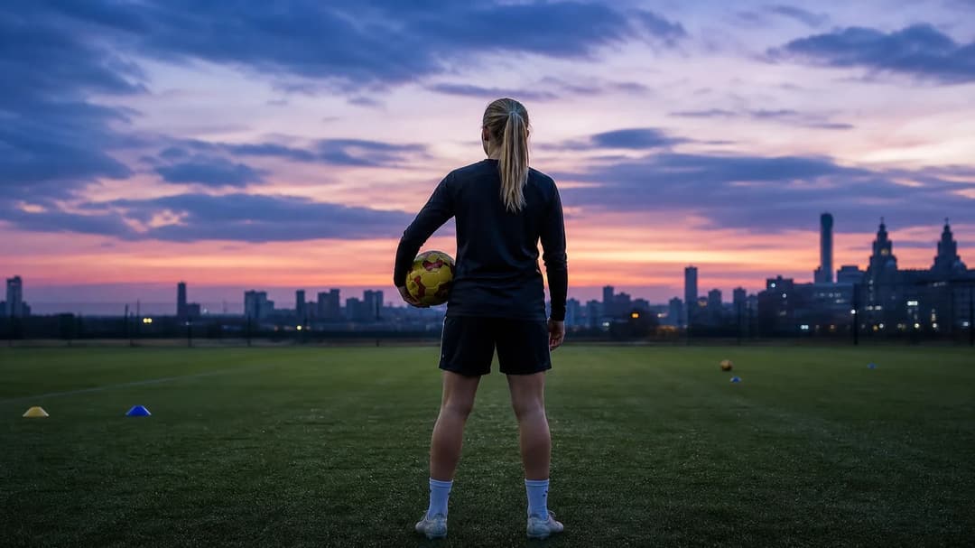 A young female footballer stands at the edge of a training pitch during dusk, contemplating her future.