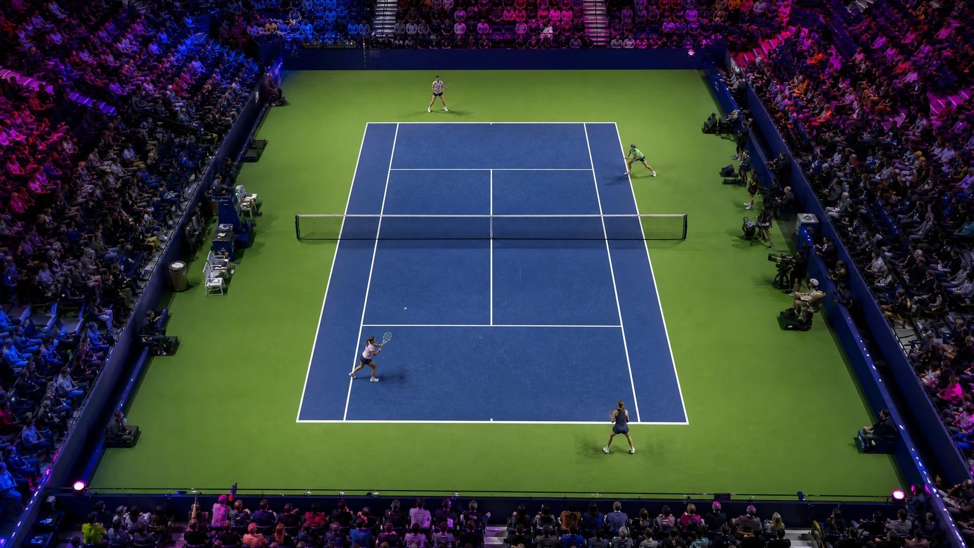 Aerial view of four female tennis players practicing on a brightly colored court.