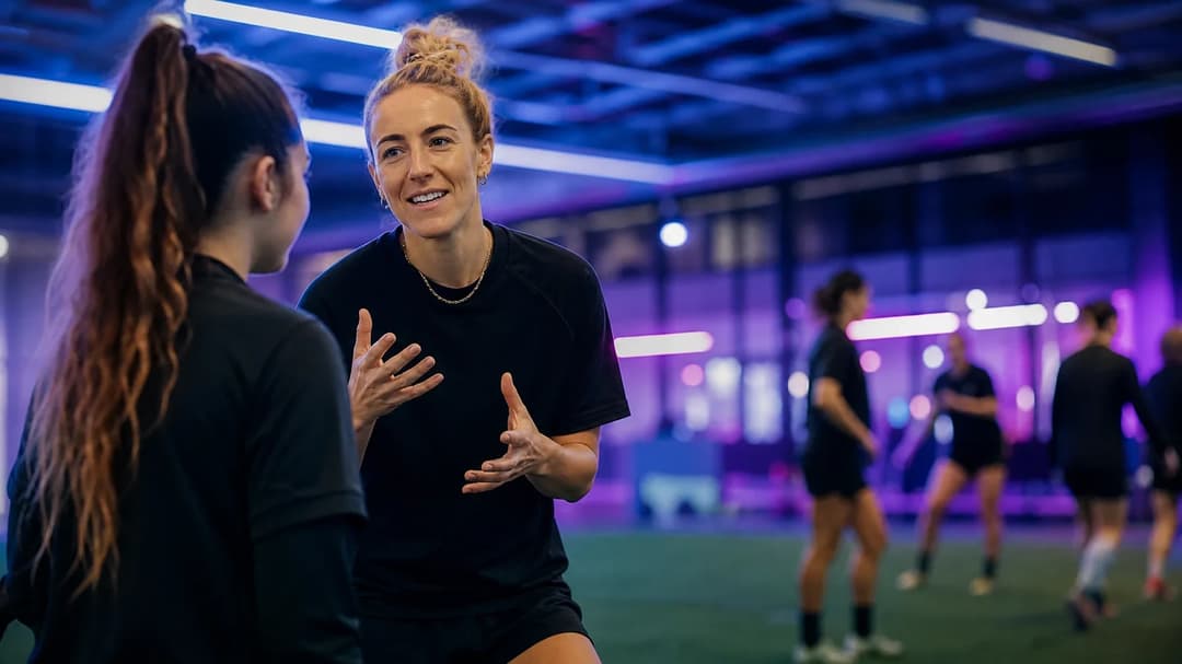 Carolin Simon engages in a tactical discussion with a younger teammate in a neon-lit training facility.