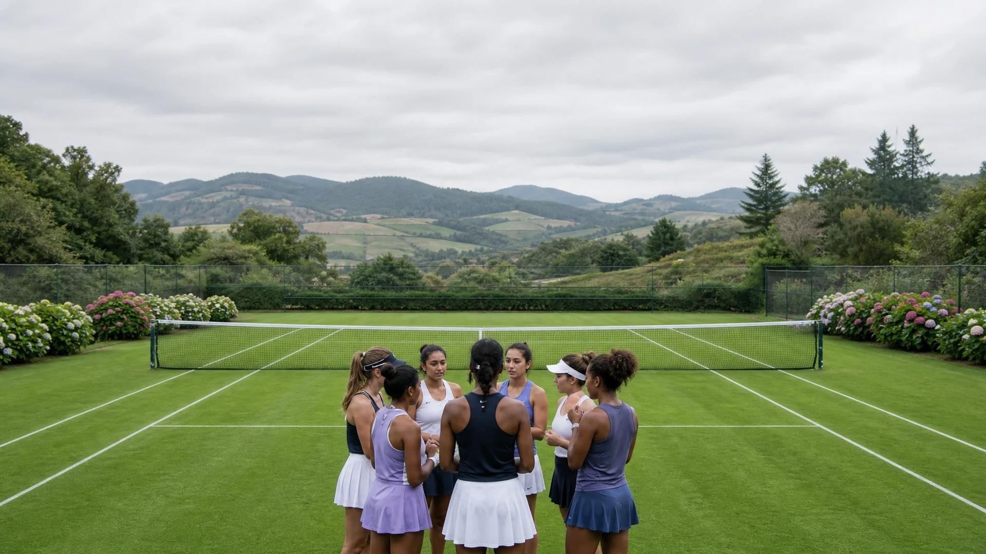 A group of female tennis players in generically styled attire gathered on a lush green tennis court, set against rolling hills under an overcast sky.
