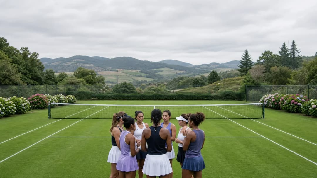 A group of female tennis players in generically styled attire gathered on a lush green tennis court, set against rolling hills under an overcast sky.