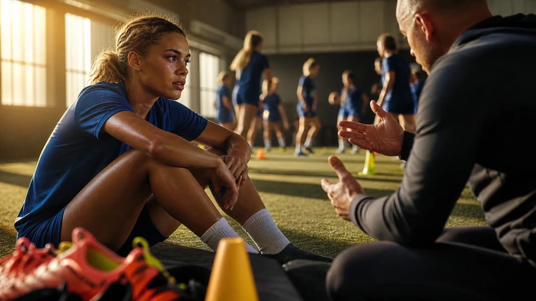Trinity Rodman stands attentively in a training room, dressed in sportswear, as warm sunlight filters in from a window.
