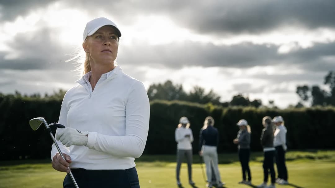 A female golfer preparing for her round on a golf course, with fellow players in the blurred background.