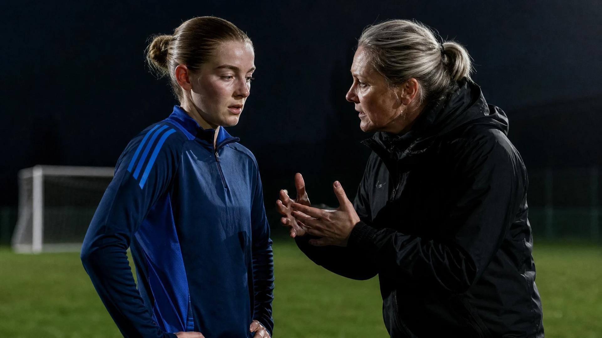 Leicester City forward Denny Draper in conversation with her coach during a training session.