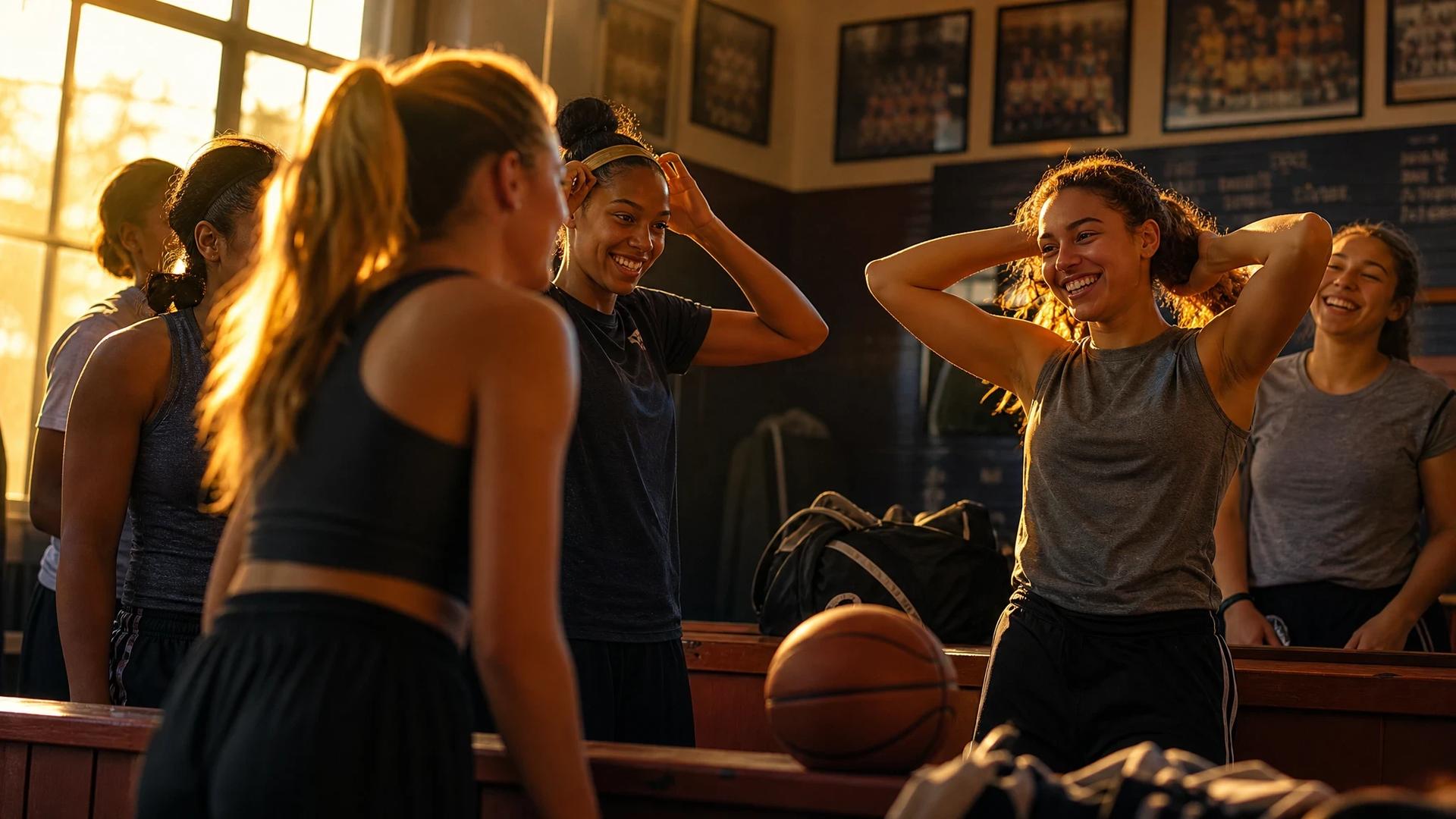 A group of female basketball players preparing in a locker room, reflecting camaraderie and teamwork.