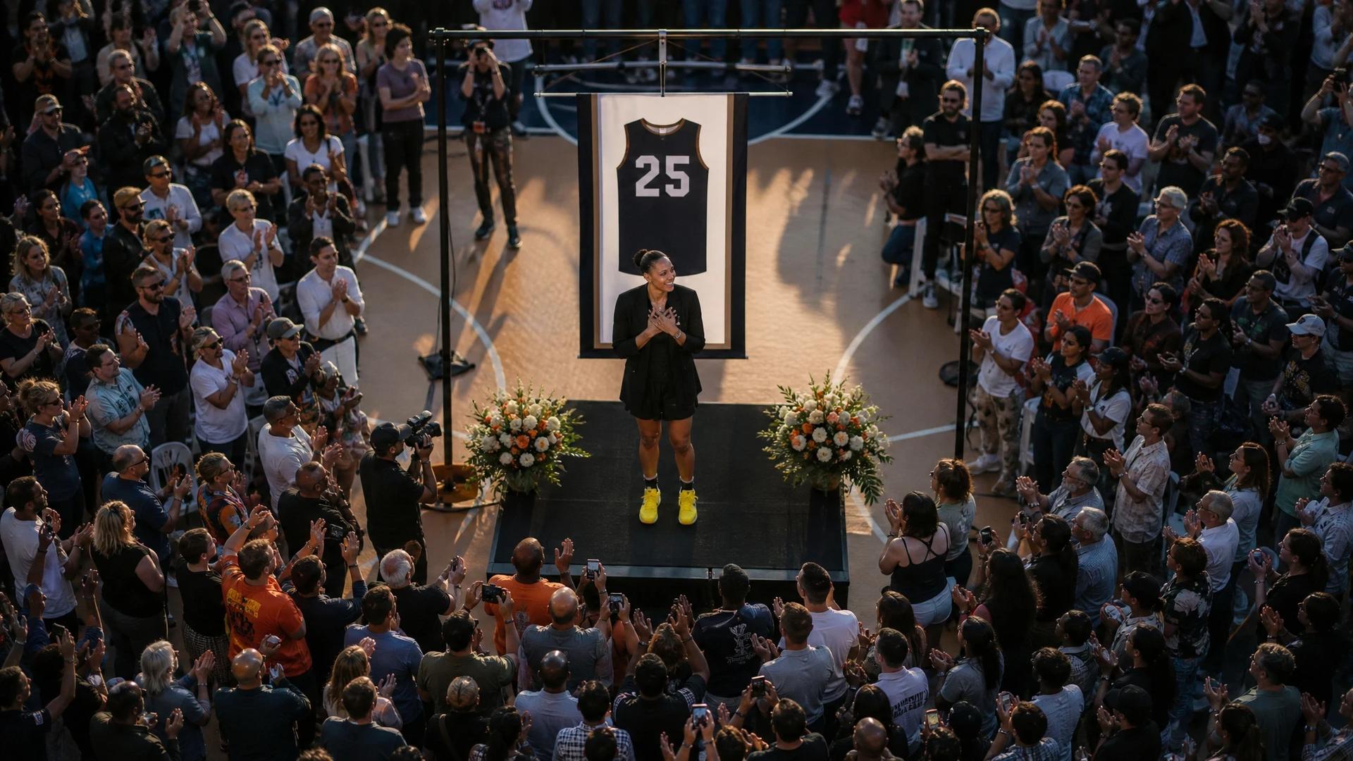 A bird's-eye view of a ceremony honoring Alyssa Thomas with a crowd cheering below.