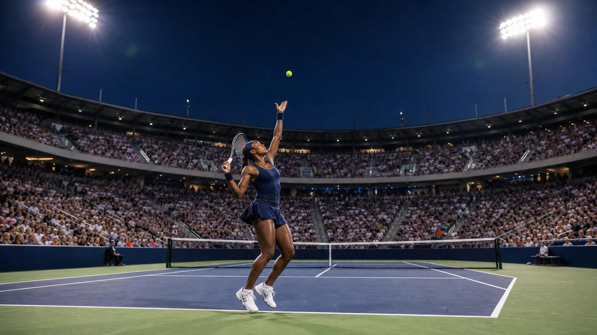 Coco Gauff serving in a tennis match at a stadium filled with spectators.