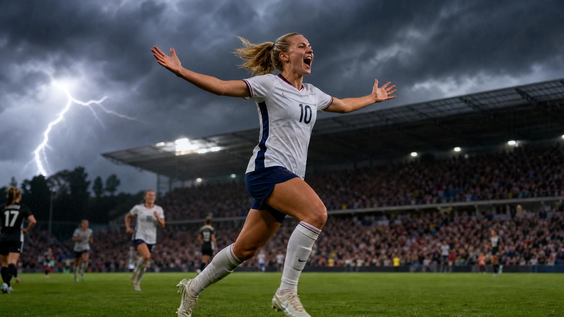 Emma Sears celebrating after scoring a goal in a football match amid a stormy sky.