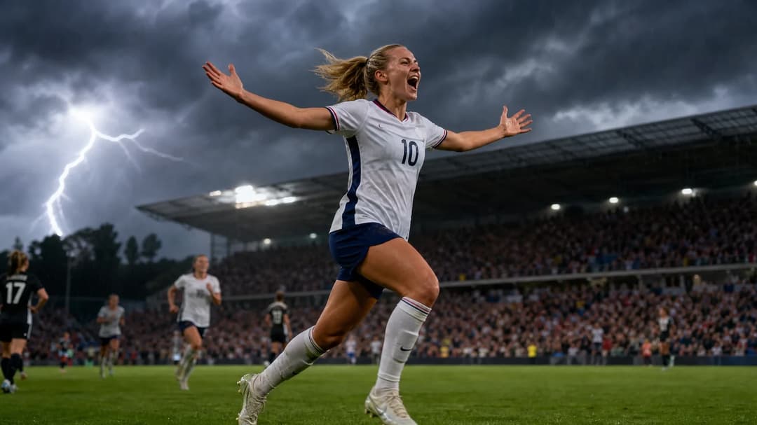 Emma Sears celebrating after scoring a goal in a football match amid a stormy sky.