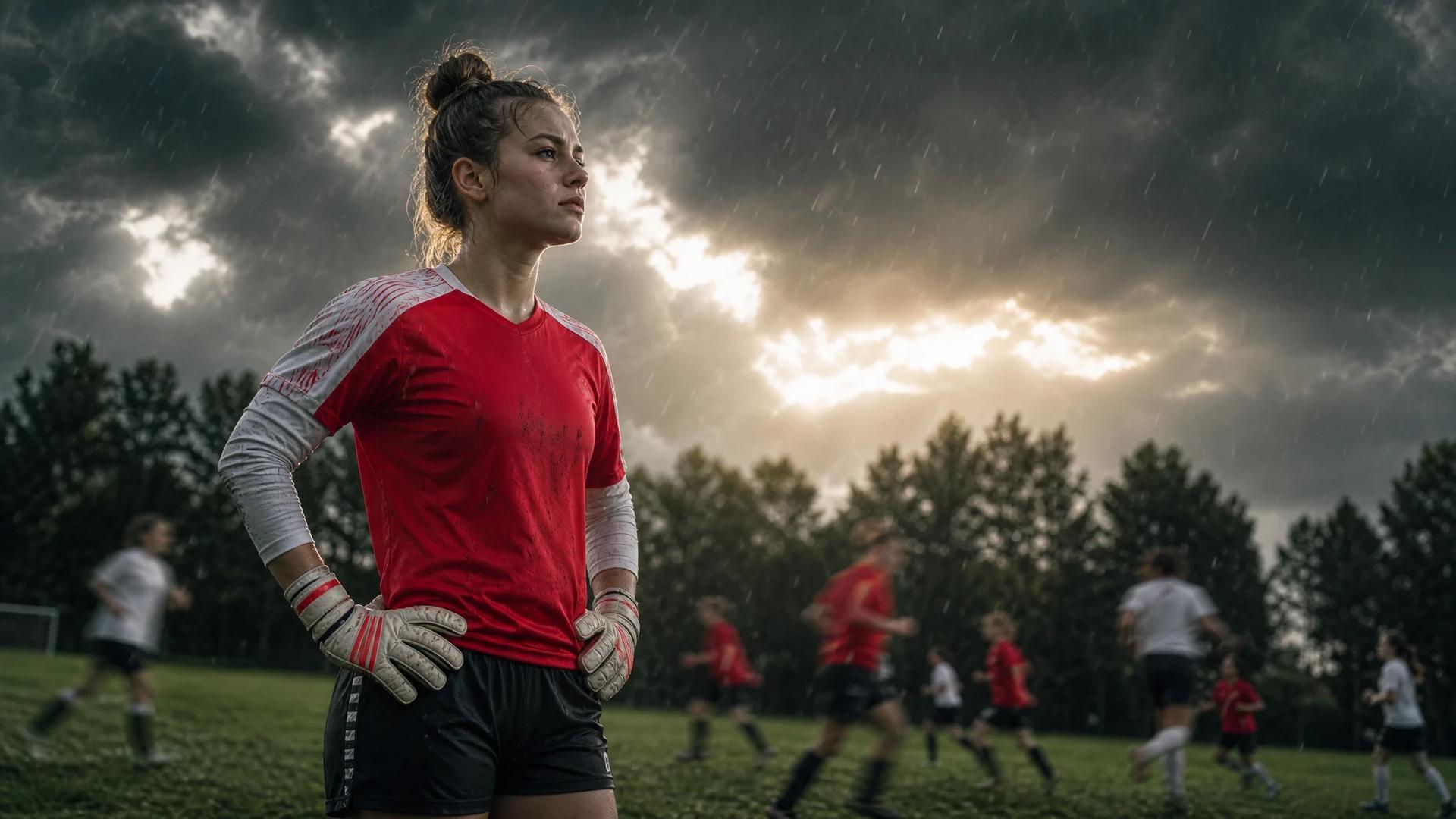 A female goalkeeper stands resolutely on a grass pitch during a storm, with teammates in motion behind her.