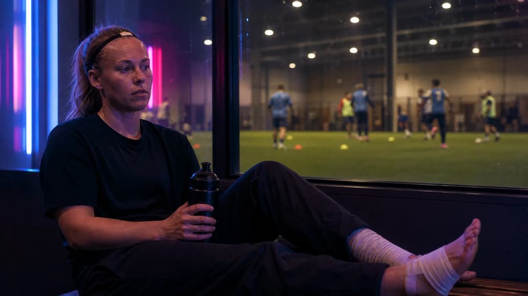 Therese Åsland, captain of Djurgården, sits in a training room, showing determination despite her foot injury.