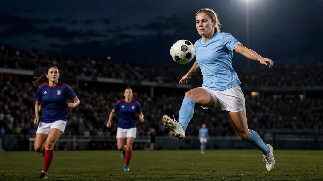 A female football player from Malmö FF jumps to intercept a ball during a match against Vålerenga, with focused lighting highlighting her motion.
