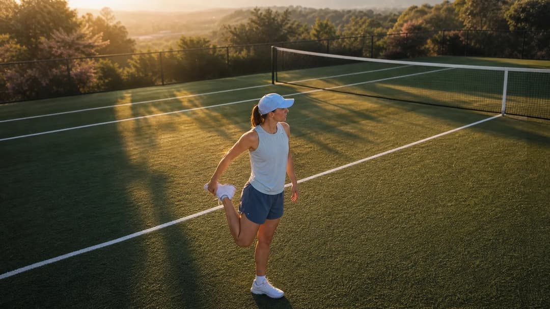 Aerial view of Iga Swiatek stretching on a tennis court at sunset.
