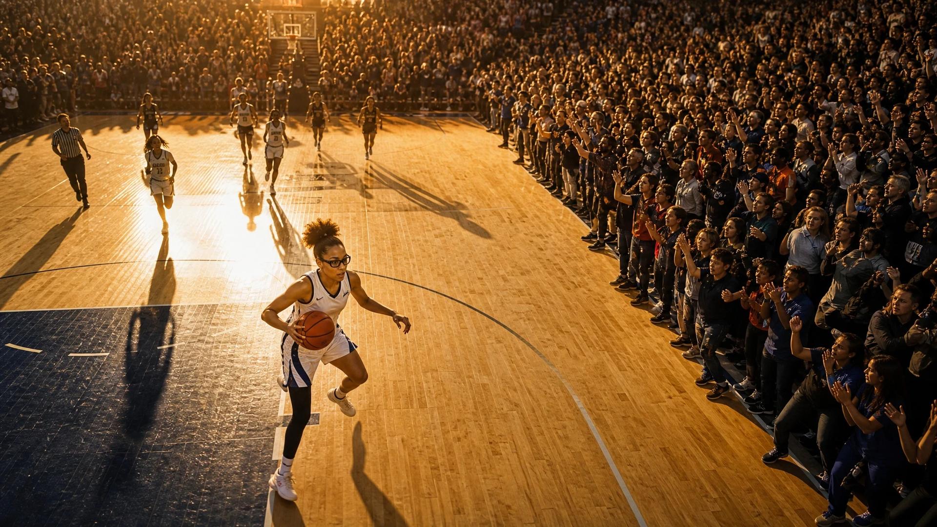 A female basketball player dribbling the ball surrounded by a cheering crowd during sunset.