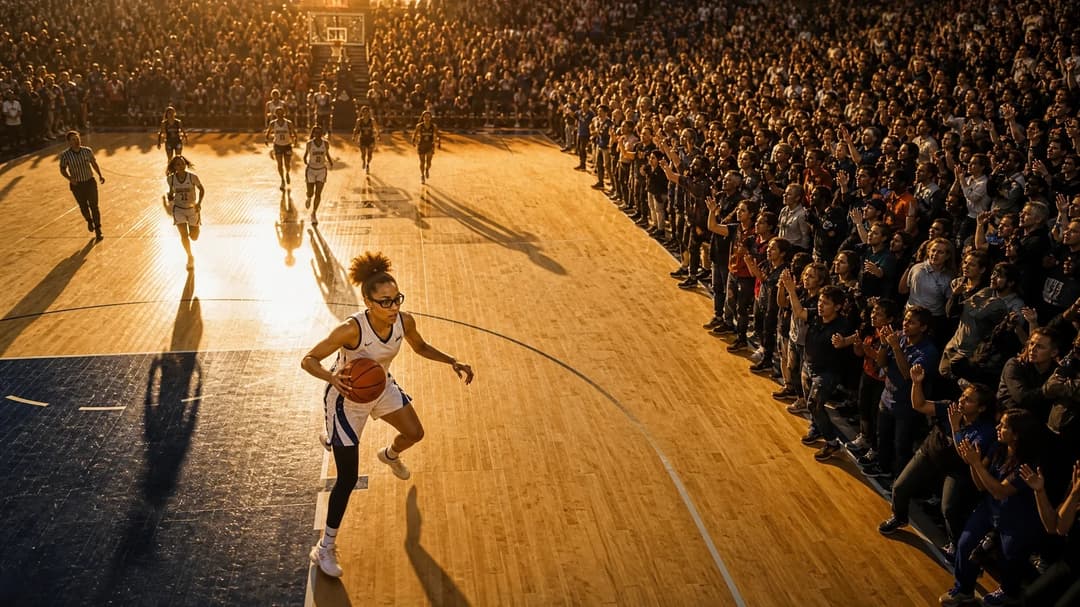 A female basketball player dribbling the ball surrounded by a cheering crowd during sunset.