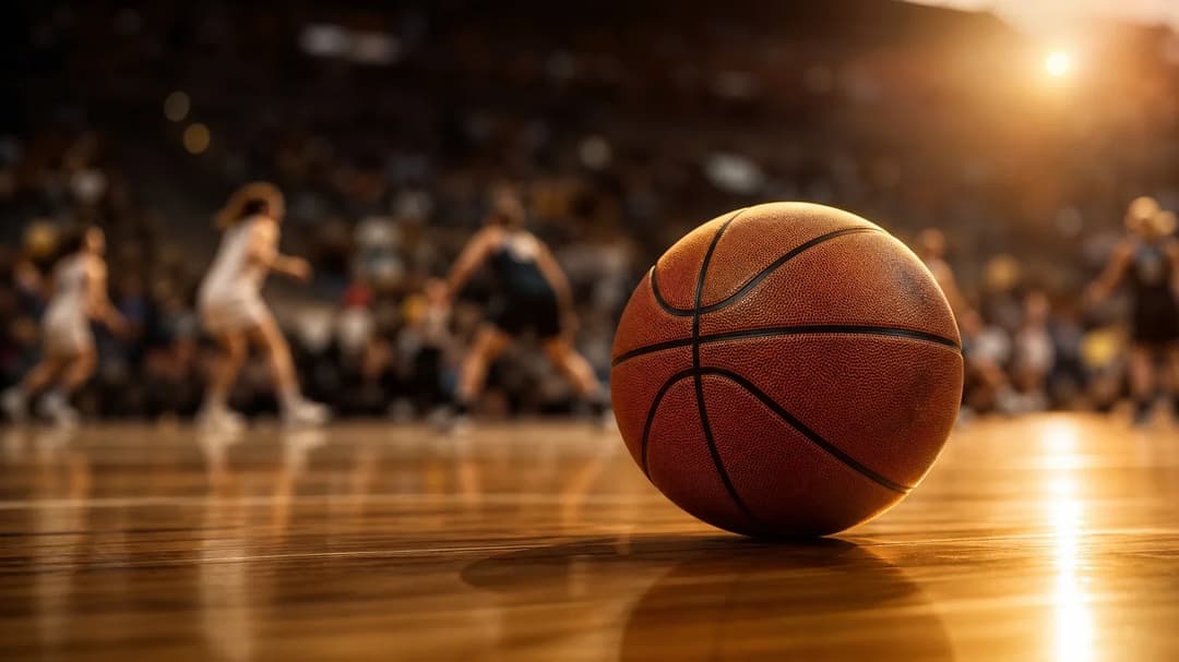 Close-up of a basketball on a hardwood court during an evening game.