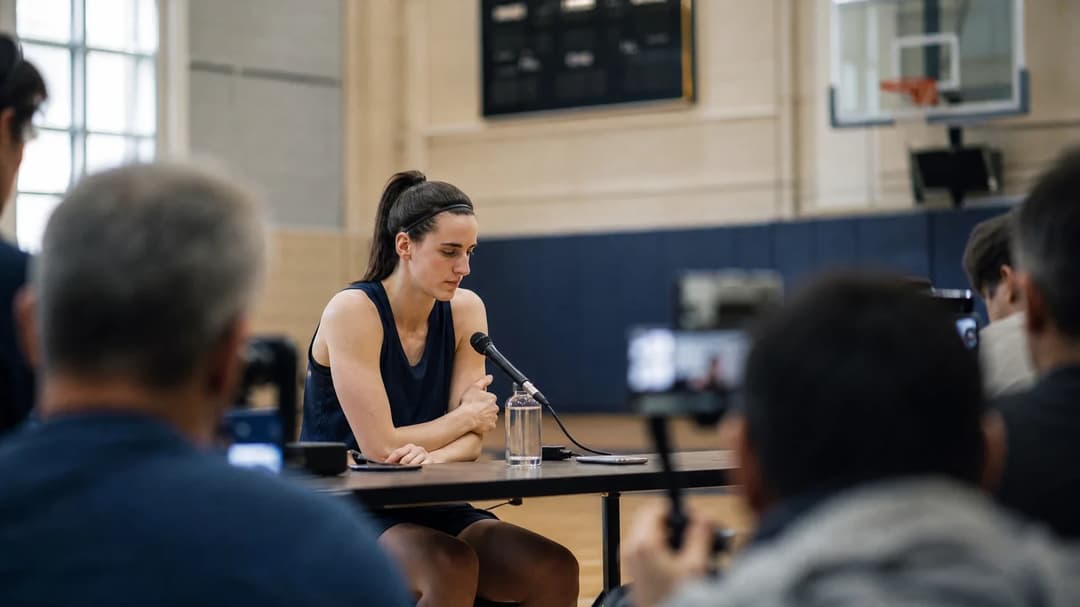 Caitlin Clark reflecting during a press conference.