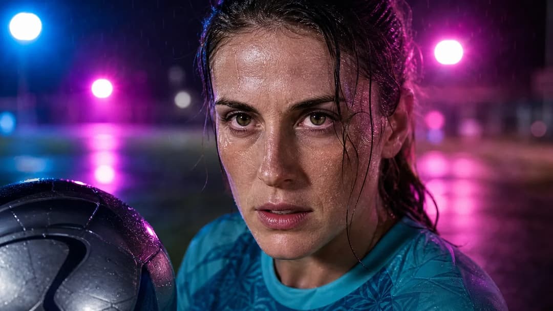 Close-up of footballer Alexia Putellas preparing for a free kick on a neon-lit pitch.