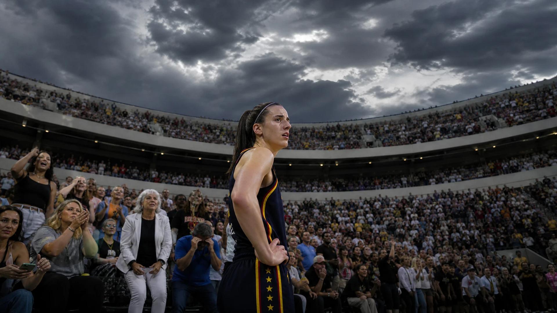 Caitlin Clark stands in a crowded arena, showing determination amid a dramatic basketball game.