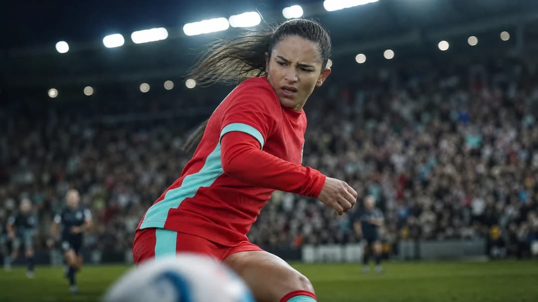 Natalie Jacobs in a stadium, poised to take a shot during a football match, surrounded by an excited crowd.