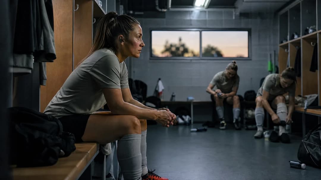 A pensive Janine Sonis sits in the locker room after a match, surrounded by teammates.