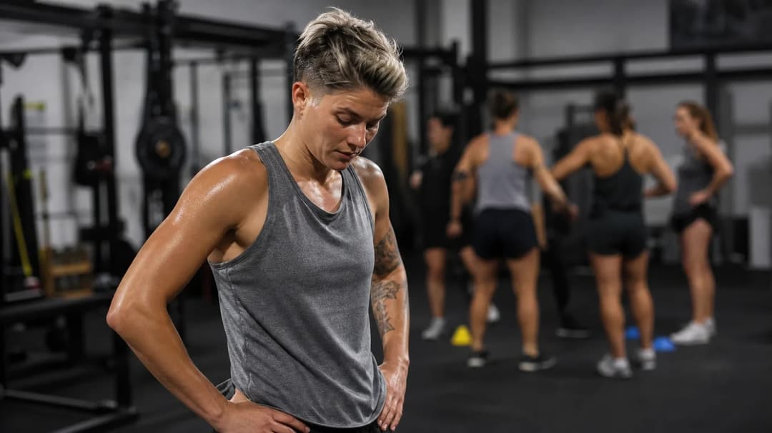 Australian defender Madison McComasky reflecting in training gear at a gym.