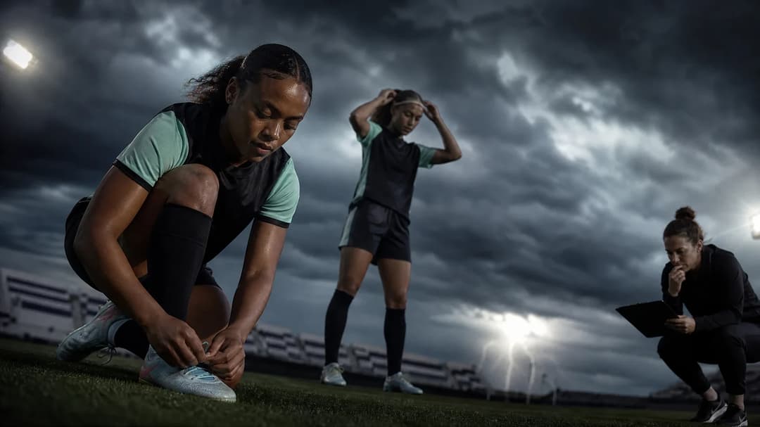 Players from NJ/NY Gotham FC prepare for a match amid dark storm clouds.