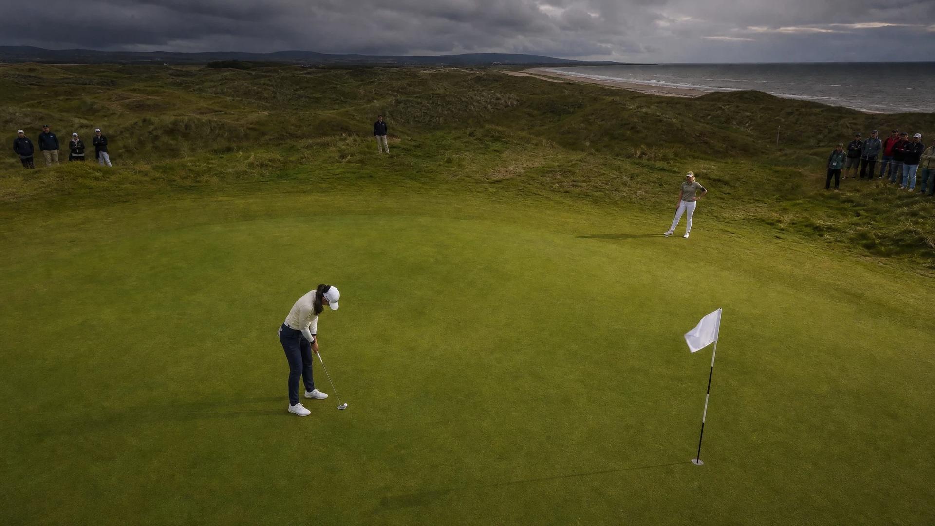 Bird's-eye view of a golfer preparing to putt on a green with a dramatic sky and spectators in the distance.