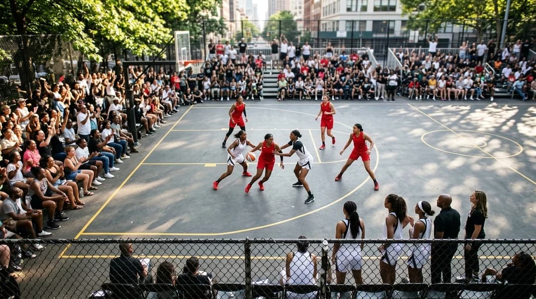 Bird's-eye view of a basketball game with players in motion and a cheering crowd.