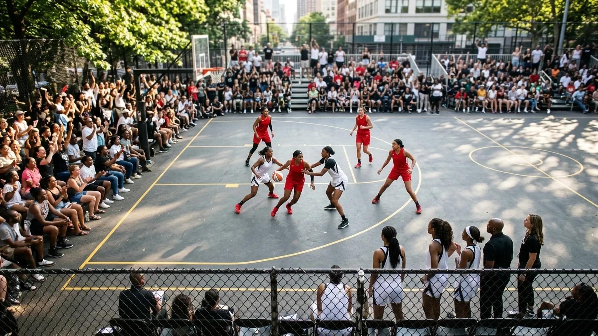 Bird's-eye view of a basketball game with players in motion and a cheering crowd.