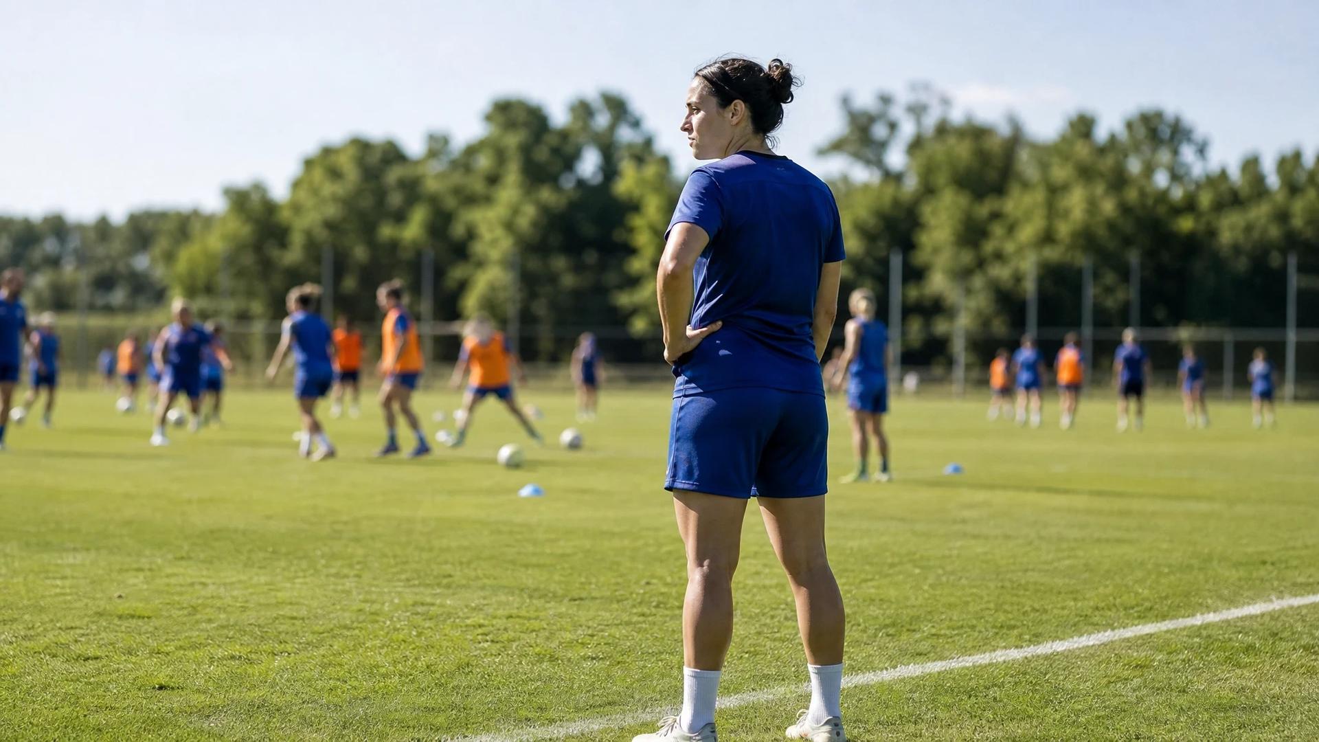 Julie Thibaud stands on a training pitch, observing her new teammates in the background.
