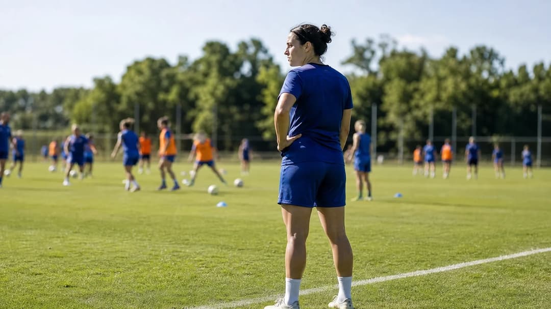 Julie Thibaud stands on a training pitch, observing her new teammates in the background.