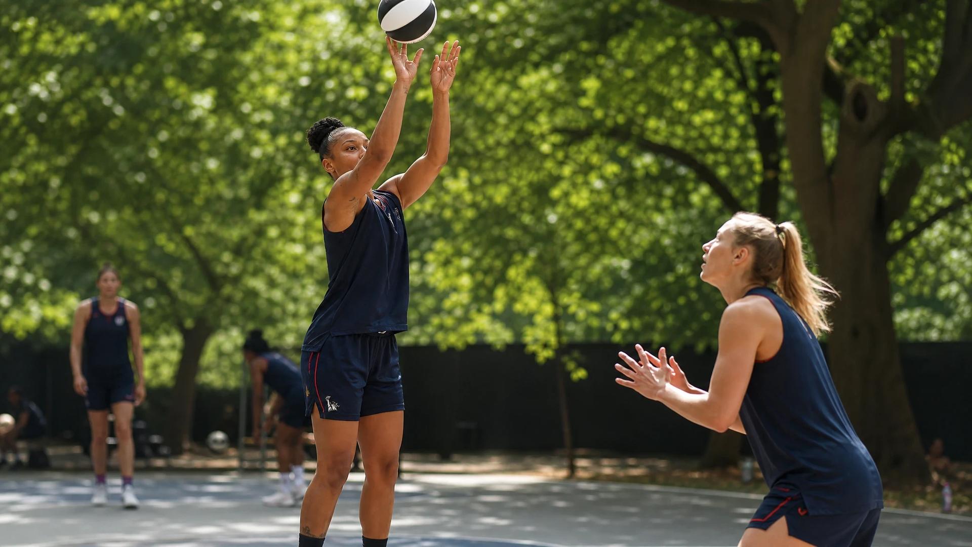 Shakira Austin and Sonia Citron training on an outdoor basketball court.