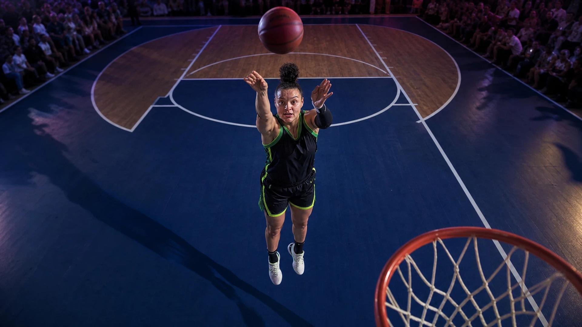 Bird's-eye view of female basketball player Kayla McBride shooting a three-pointer during a game.