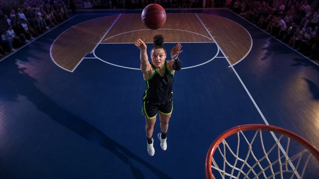 Bird's-eye view of female basketball player Kayla McBride shooting a three-pointer during a game.