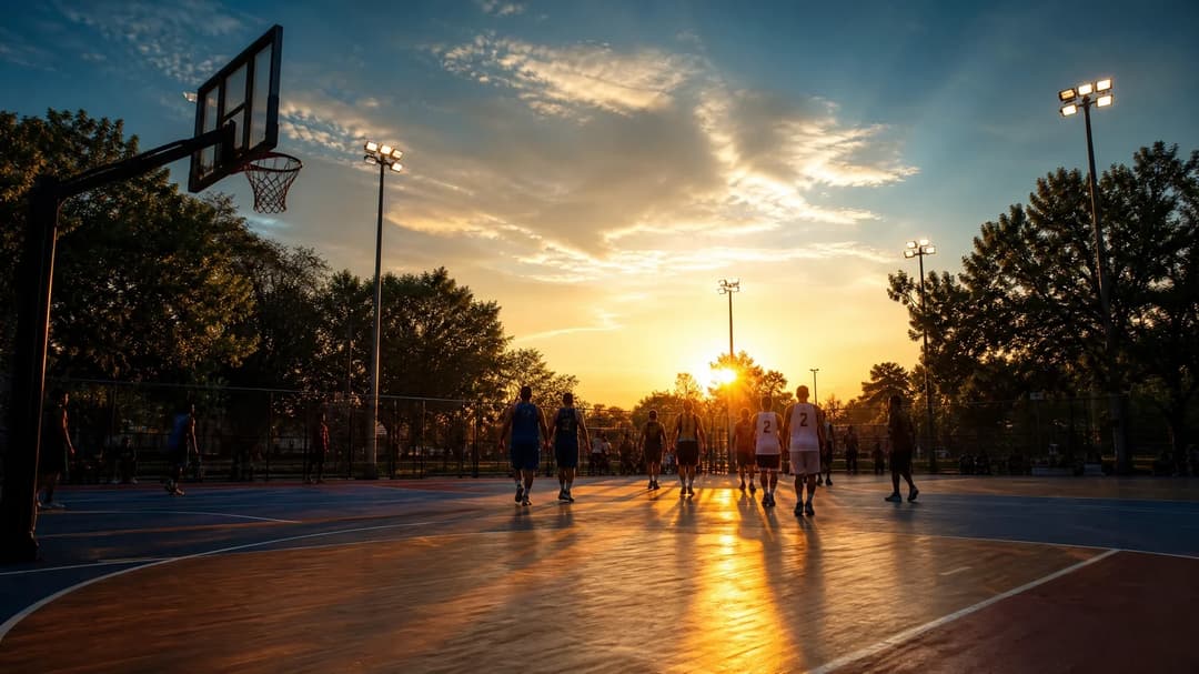 Wide shot of a basketball court at sunset with players walking away, symbolizing the aftermath of an intense WNBA game.