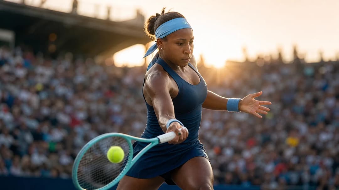 Coco Gauff hitting a forehand stroke during her match at the National Bank Open.