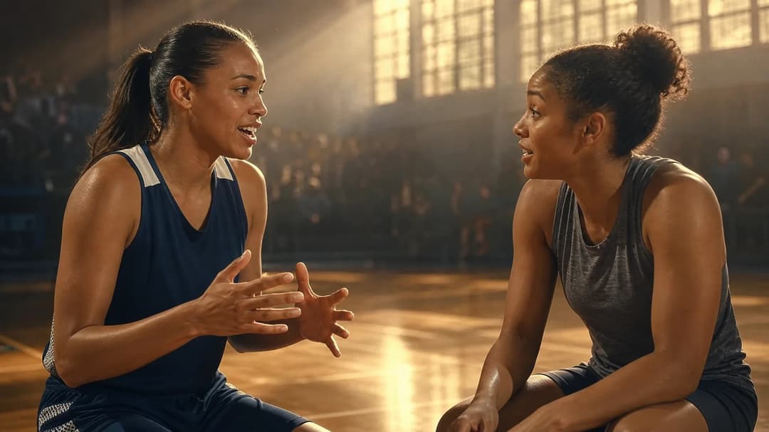 Kayla McBride and Olivia Miles sharing an animated conversation on a basketball court.