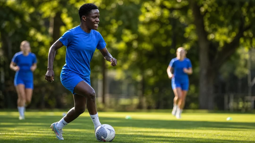 Pietra Tordin practicing soccer on a training ground, surrounded by trees and teammates.
