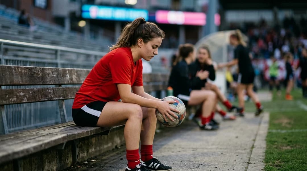 Pietra Tordin sitting on a bench in a stadium, holding a football with a reflective expression.