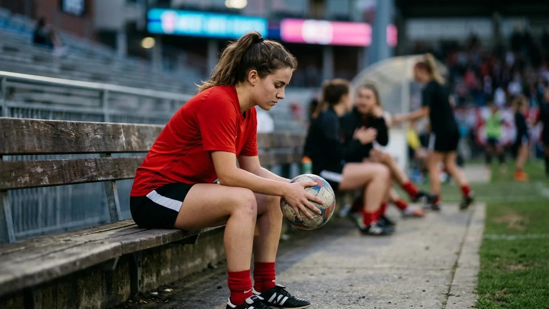 Pietra Tordin sitting on a bench in a stadium, holding a football with a reflective expression.