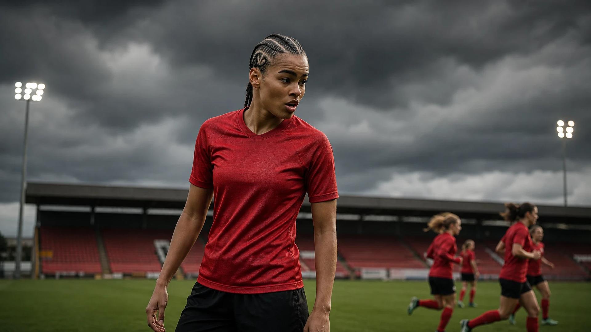 A footballer, Shania Hayles, stands on the pitch in a red sports jersey before a match under stormy clouds.