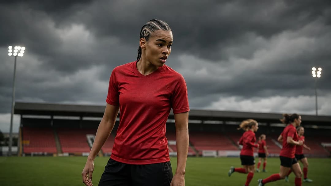 A footballer, Shania Hayles, stands on the pitch in a red sports jersey before a match under stormy clouds.