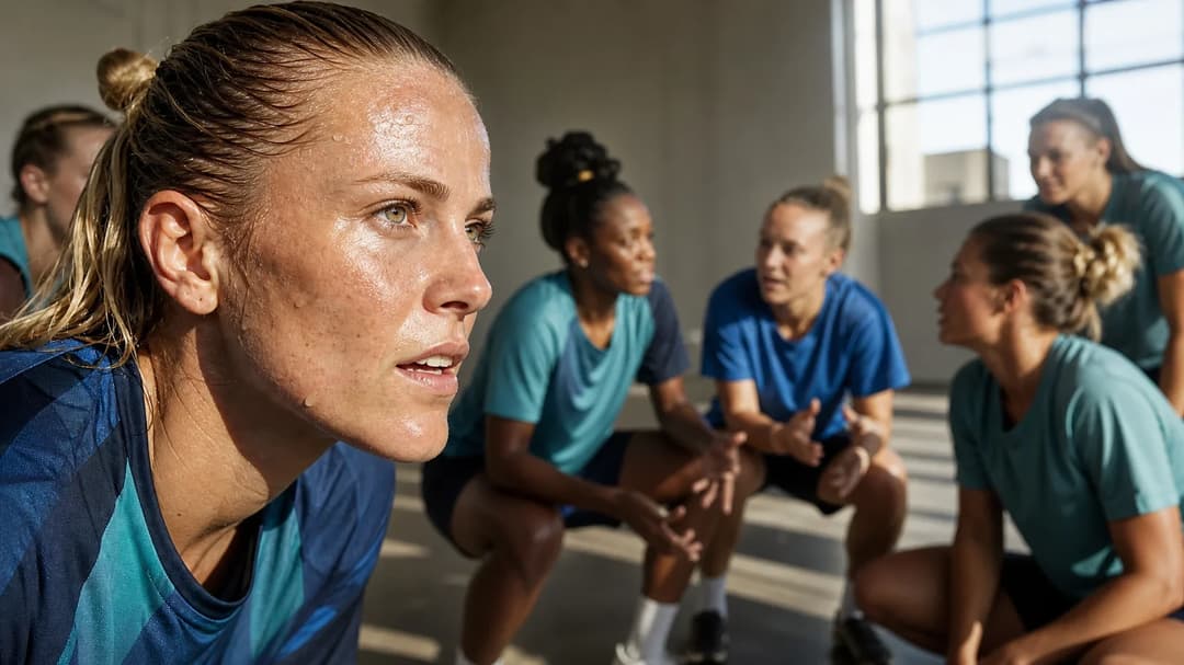 Close-up of a female football player's focused face with teammates visible in the background.