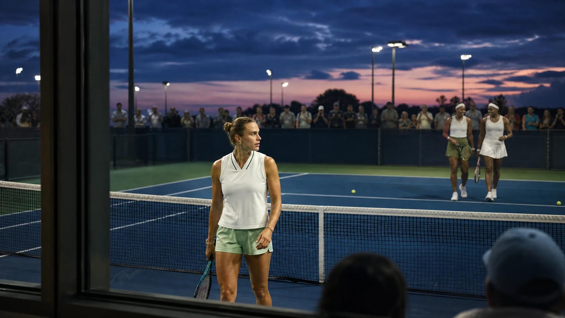 Dusk scene of the Cincinnati Open featuring Aryna Sabalenka and the Williams sisters.