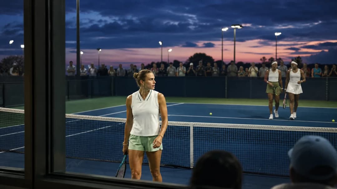 Dusk scene of the Cincinnati Open featuring Aryna Sabalenka and the Williams sisters.
